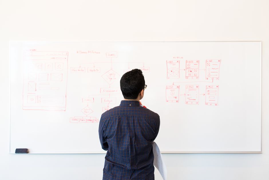 Man standing at a whiteboard planning UX design concepts in a modern office setting. — illustrating no coding ai agent